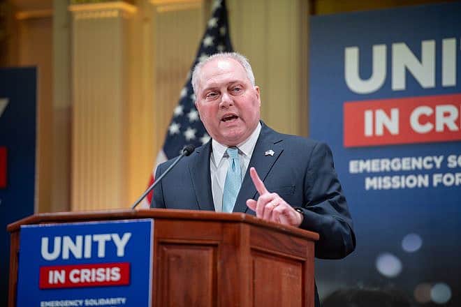 House Majority Leader Steve Scalise (R-La.) speaks at Sixth & I before 50 American Jewish leaders visit Israel, on Oct. 18, 2023. Photo courtesy of Bo Harris.