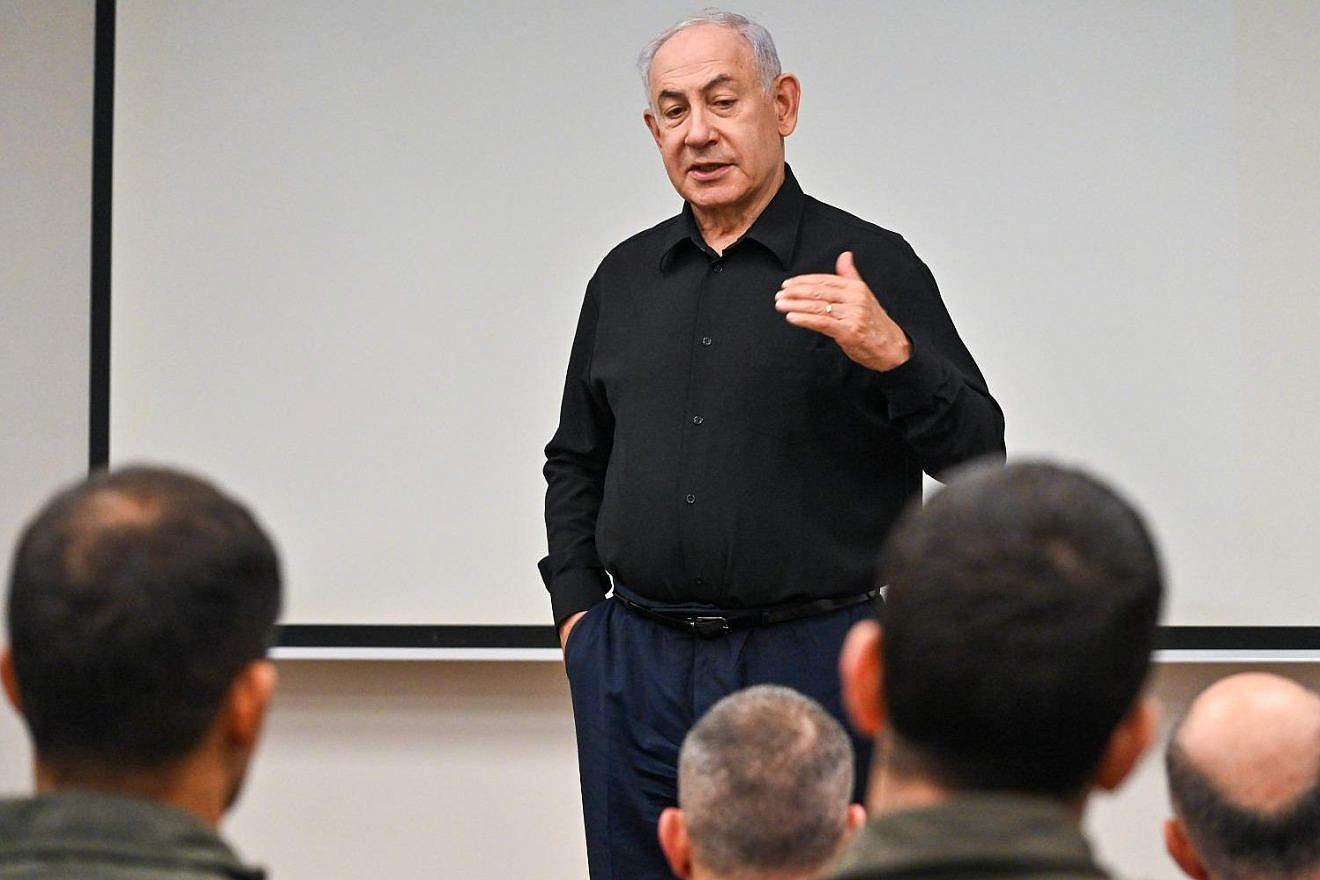 Israeli Prime Minister Benjamin Netanyahu addresses soldiers at Ramon Air Force Base in the Negev Desert on Nov. 5, 2023. Photo by Koby Gideon/GPO.