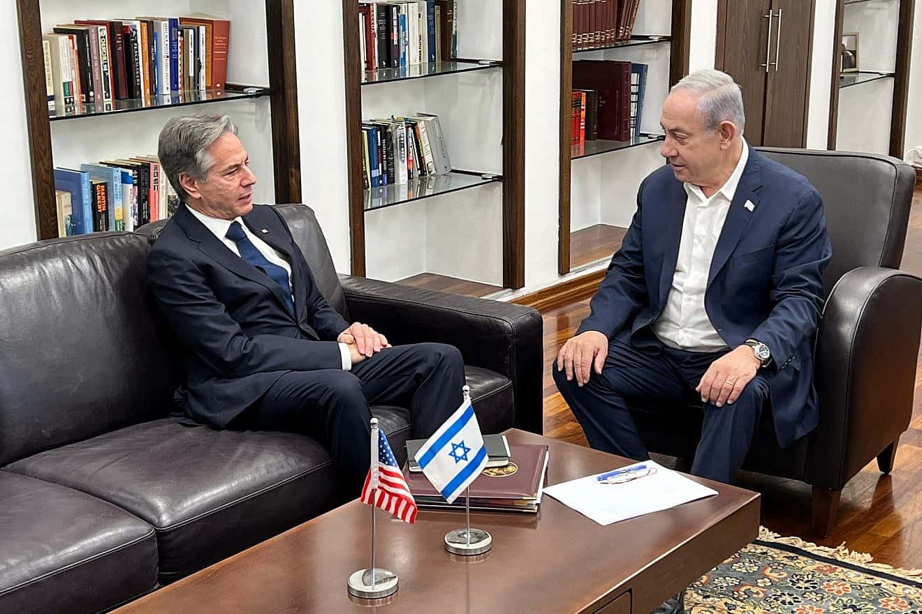 Israeli Prime Minister Benjamin Netanyahu meets with U.S. Secretary of State Antony Blinken at the Kirya military headquarters in Tel Aviv on Nov. 3, 2023. Credit: Amos Ben-Gershom/GPO.