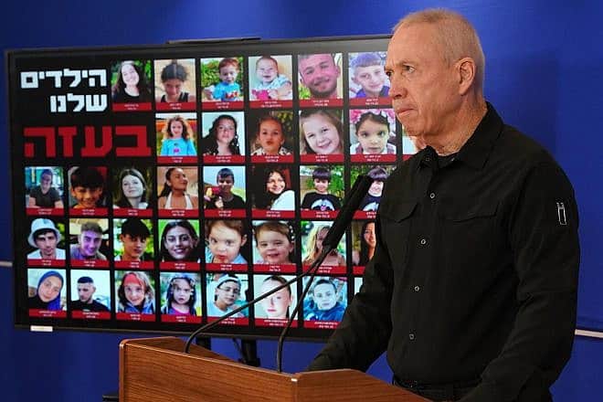 Israeli Defense Minister Yoav Gallant speaks to the press about the war against Hamas on Nov. 9, 2023. Photo by Ariel Hermoni/IMoD.
