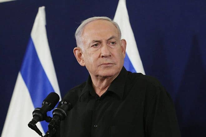 Israeli Prime Minister Benjamin Netanyahu speaks at a press conference at the Ministry of Defense in Tel Aviv on Oct. 28, 2023. Photo by Dana Kopel/POOL.