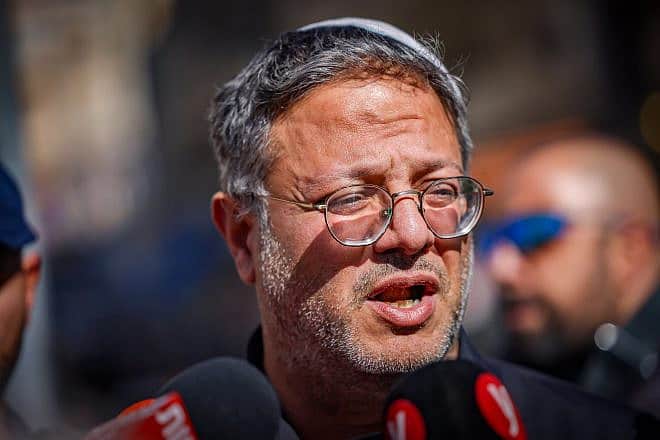 Israeli National Security Minister Itamar Ben-Gvir at the scene of a stabbing attack outside a Jerusalem police station, Nov. 6, 2023. Photo by Chaim Goldberg/Flash90.