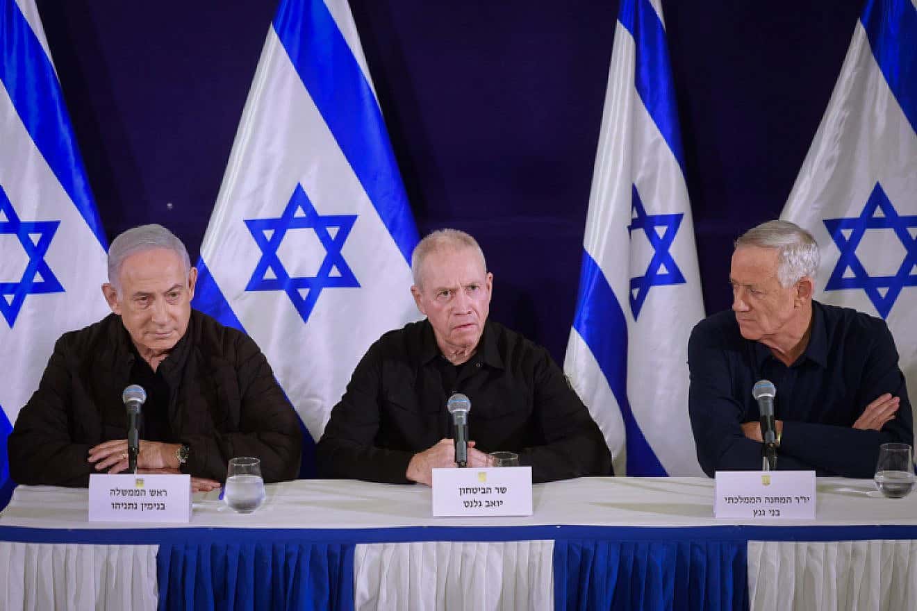 Israeli Prime Minister Benjamin Netanyahu, Defense Minister Yoav Galant and Minister-without-Portfolio Benny Gantz hold a joint press conference at the Ministry of Defense in Tel Aviv, Nov. 11, 2023. Photo by Marc Israel Sellem/POOL.