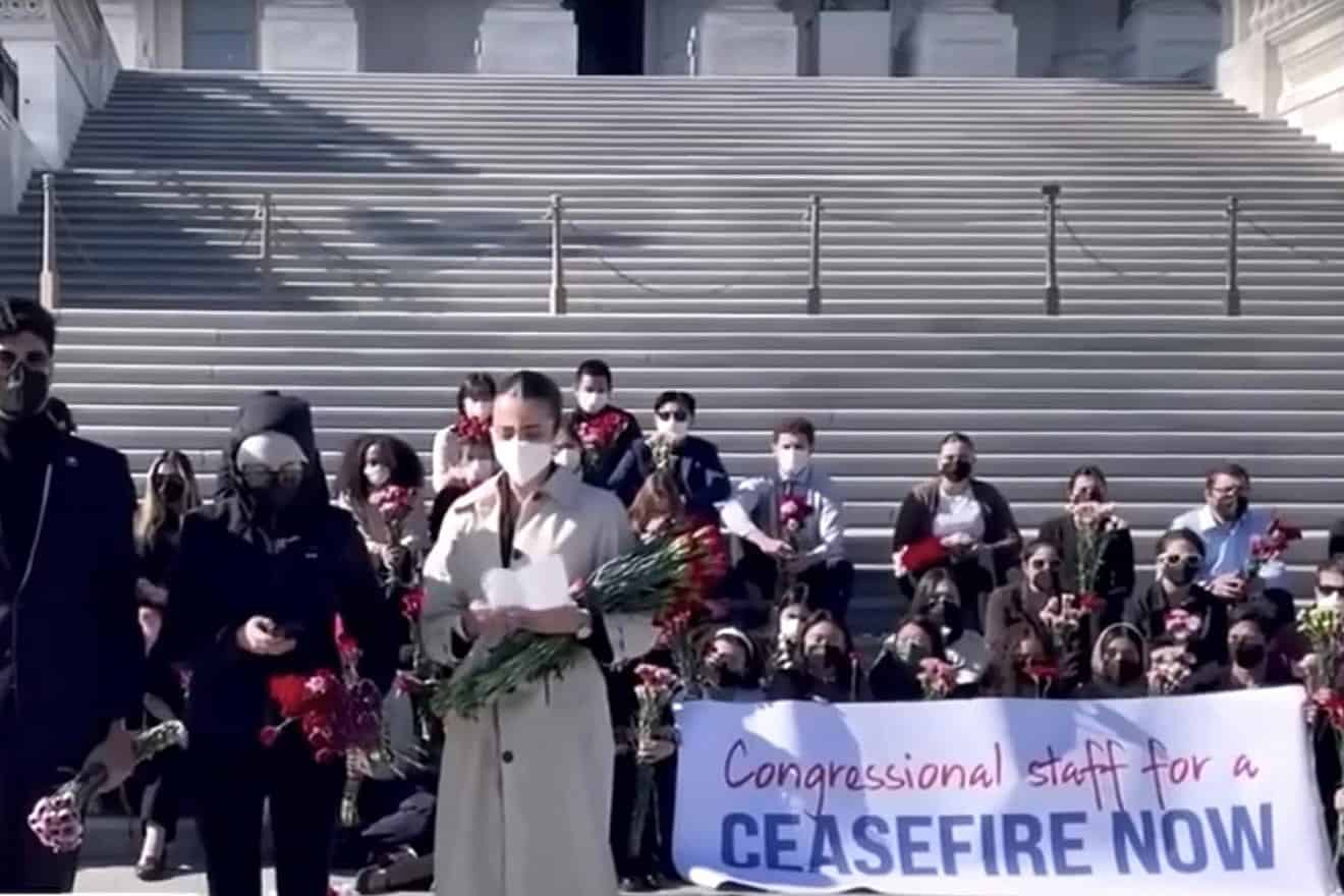 Democratic congressional staffers walk out to call for an Israeli ceasefire, Nov. 8, 2023. Source: Fox News/Screenshot.
