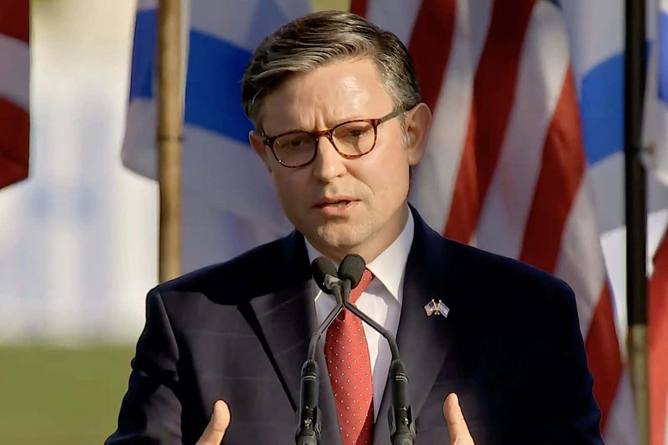 House Speaker Mike Johnson (R-La.) addresses an estimated 200,000 at the “March for Israel” rally in Washington, D.C., on Nov. 14, 2023. Source: Screenshot.
