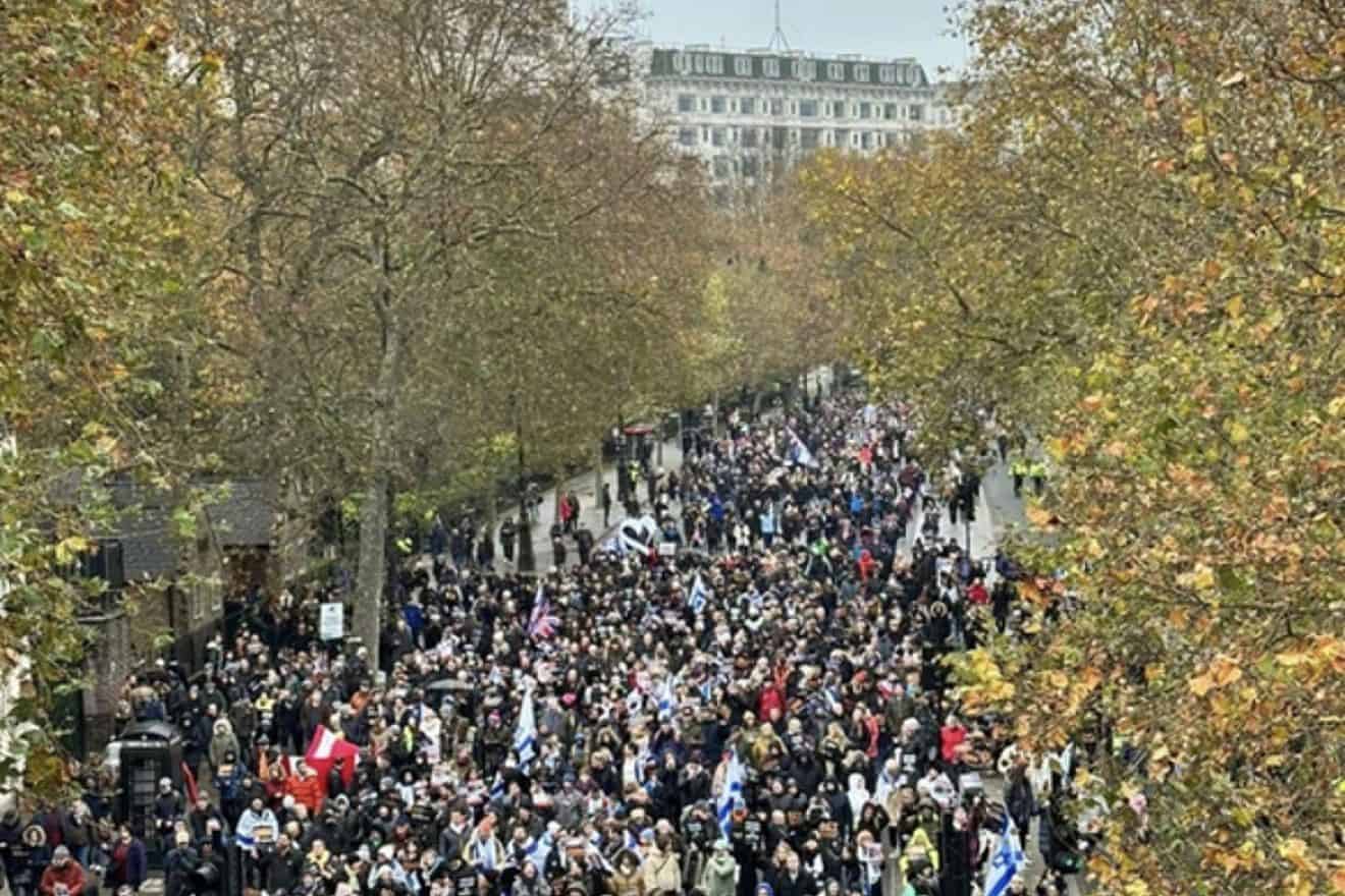 Attendees of the “March Against Antisemitism” in London on Nov. 26, 2023. Credit: Salandarianflag via Wikimedia Commons.