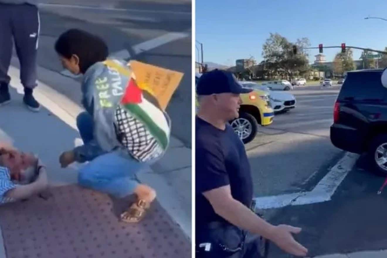 The crime scene where Paul Kessler, 69, falls to the ground at a pro-Palestinian rally in the Los Angeles area of California on Nov. 6, 2023. Source: StopAntisemitism.org.