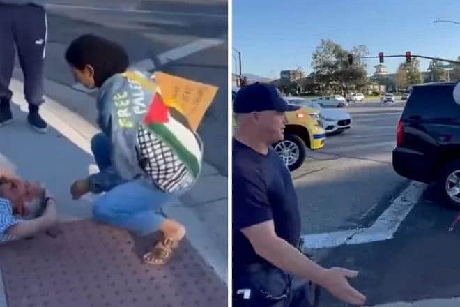 The crime scene where Paul Kessler, 69, falls to the ground at a pro-Palestinian rally in the Los Angeles area of California on Nov. 6, 2023. Source: StopAntisemitism.org.