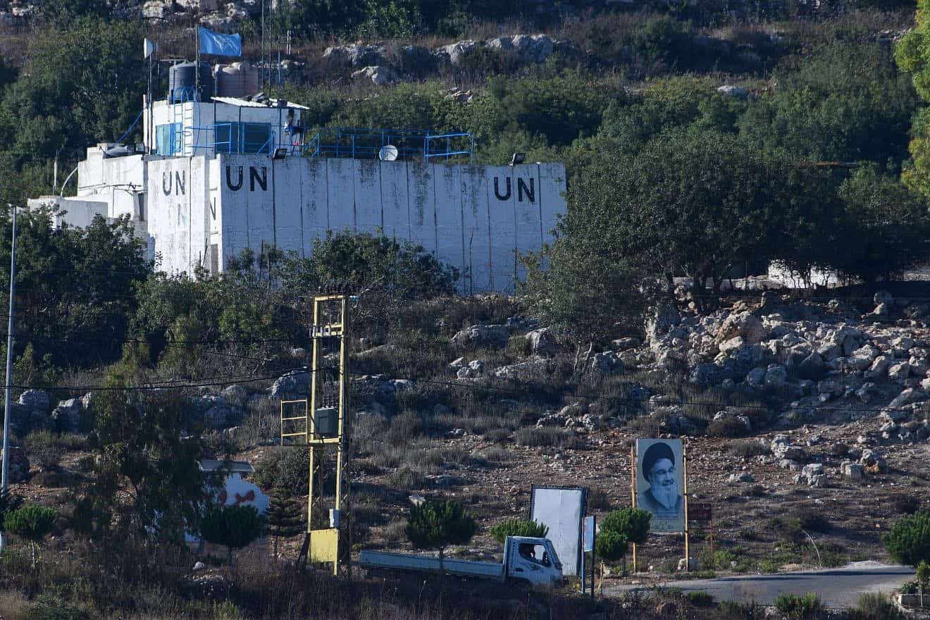 A picture of Hezbollah leader Hassan Nasrallah near a U.N. station by the Lebanese border with Israel, July 19, 2023. Photo by Ayal Margolin/Flash90.