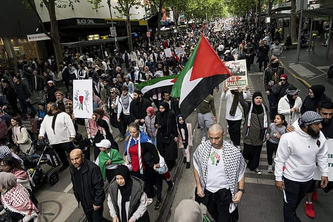 A pro-Palestinian rally in Melbourne, Australia, on Oct. 15, 2023. Credit: Matt Hrkac via Wikimedia Commons.