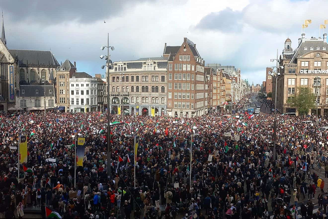 A pro-Palestinian rally in Amsterdam in the Netherlands on Oct,.15, 2023. Credit: Persian Dutch Network via Wikimedia Commons.