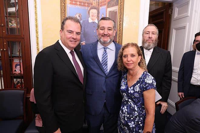From left: Philanthropist Bobby Rechnitz, Sen. Ted Cruz (R-Texas) and Rep. Debbie Wasserman Schultz (D-Fla.) at a pro-Israel event in the U.S. Capitol on Nov. 7, 2023. Photo by Shmuel Lenchevsky.