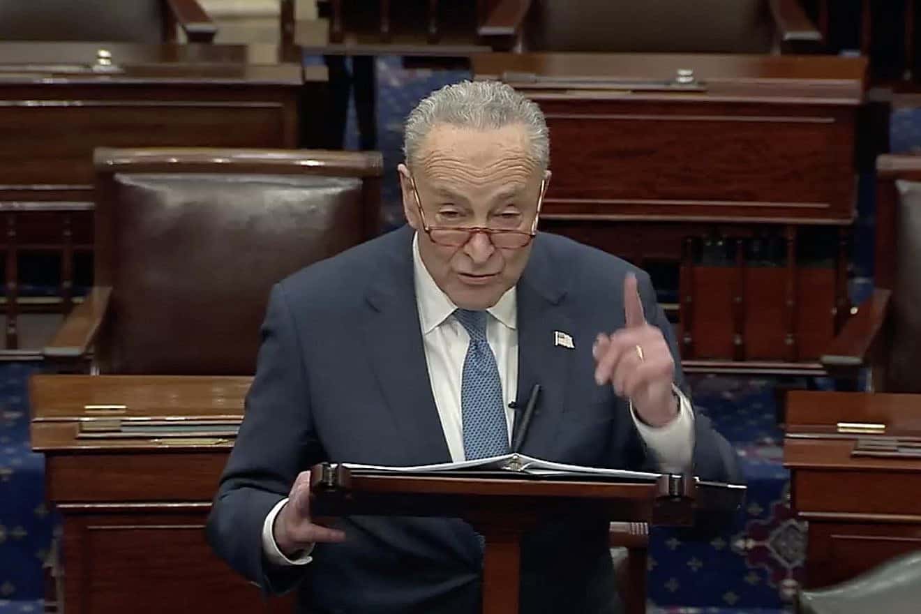 Senate Majority Leader Chuck Schumer (D-N.Y.) delivers a more than 40-minute speech about antisemitism on the U.S. Senate floor on Nov. 29, 2023. Source: C-SPAN.