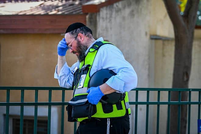 A ZAKA—Disaster Victim Identification volunteer at Kibbutz Kfar Aza, near the Gaza Strip, Nov. 2, 2023. Photo by Arie Leib Abrams/Flash90.