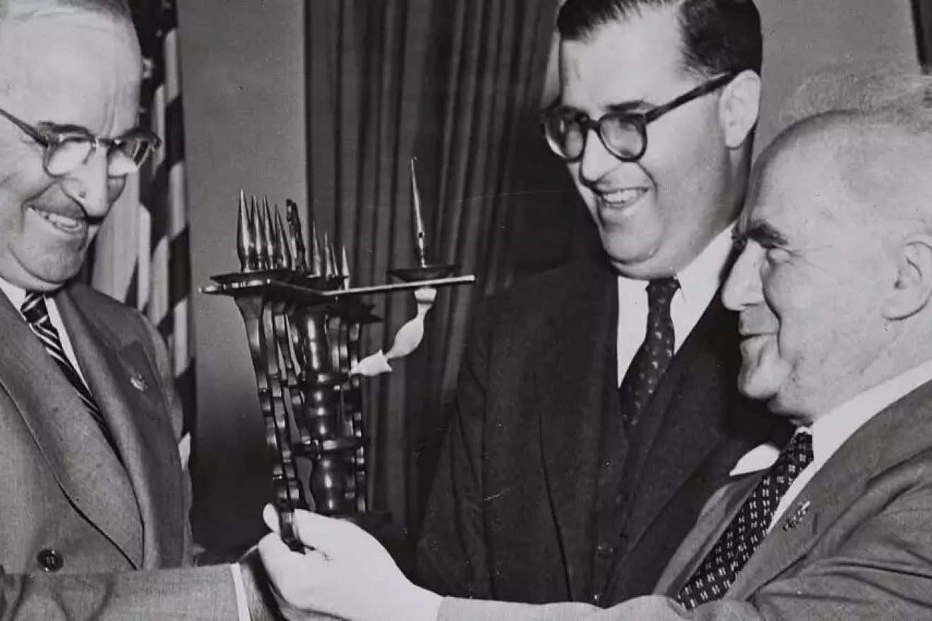 U.S. President Harry Truman, Israeli Ambassador Abba Eban and Prime Minister David Ben-Gurion during a visit to the United States, May 1, 1951. Credit: National Photo Collection of Israel/GPO.