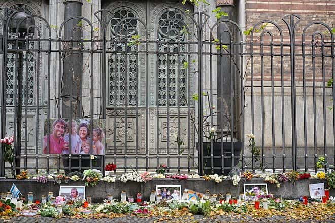 A temporary memorial at the New Synagogue (Neue Synagoge) in Berlin to the victims of Hamas's Oct. 7, 2023 terrorist attacks in Israel, photographed on Oct. 21, 2023. Credit: Achim Wagner/Shutterstock.