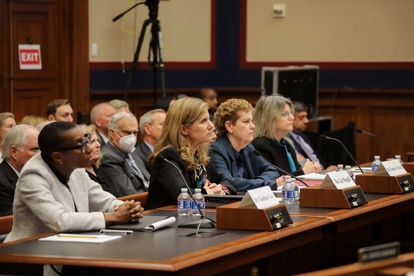 From left: Claudine Gay (Harvard University president), Elizabeth Magill (University of Pennsylvania president), American University professor Pamela Nadell and Sally Kornbluth (Massachusetts Institute of Technology president) testify during a House committee hearing about antisemitism on campus on Dec. 5, 2023. Source: House Committee on Education and the Workforce.