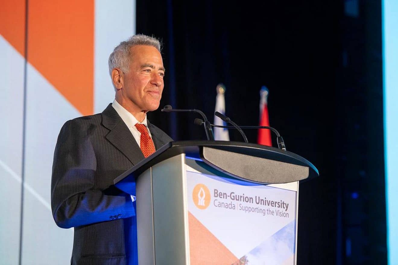 Canadian-Israeli philanthropist Sylvan Adams speaks at a gala event in Toronto, Canada on Dec. 3, 2023. Credit: Liora Kogan.