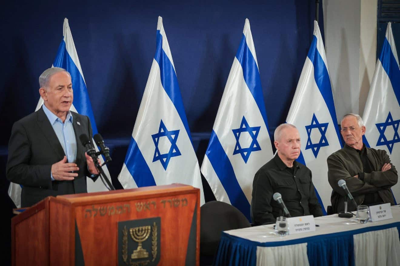 Prime Minister Benjamin Netanyahu speaks to reporters at the Ministry of Defense in Tel Aviv. Dec. 16, 2023. Photo by Noam Revkin Fenton/Flash90.