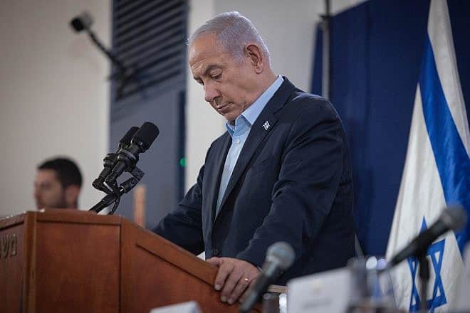 Israeli Prime Minister Benjamin Netanyahu holds a press conference at the Ministry of Defense in Tel Aviv. Nov. 22, 2023. Photo by Chaim Goldberg/Flash90.