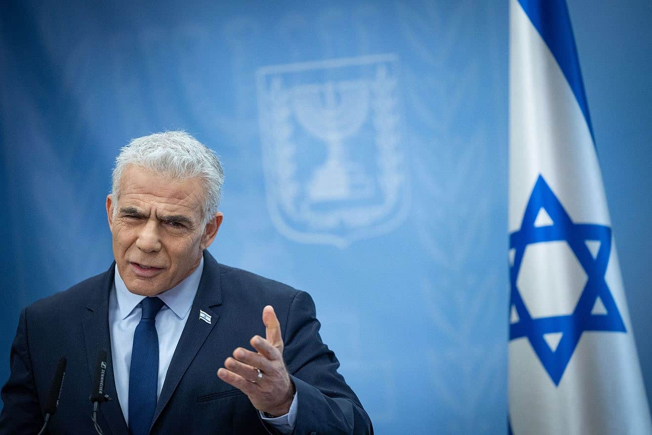 Yesh Atid Party leader MK Yair Lapid attends a faction meeting at the Israeli parliament in Jerusalem, Dec. 11, 2023. Photo by Yonatan Sindel/Flash90.