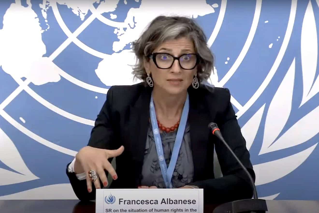 U.N. envoy Francesca Albanese speaks at a U.N. Human Rights Council press conference, July 2023. Source: U.N. Human Rights Council/YouTube.