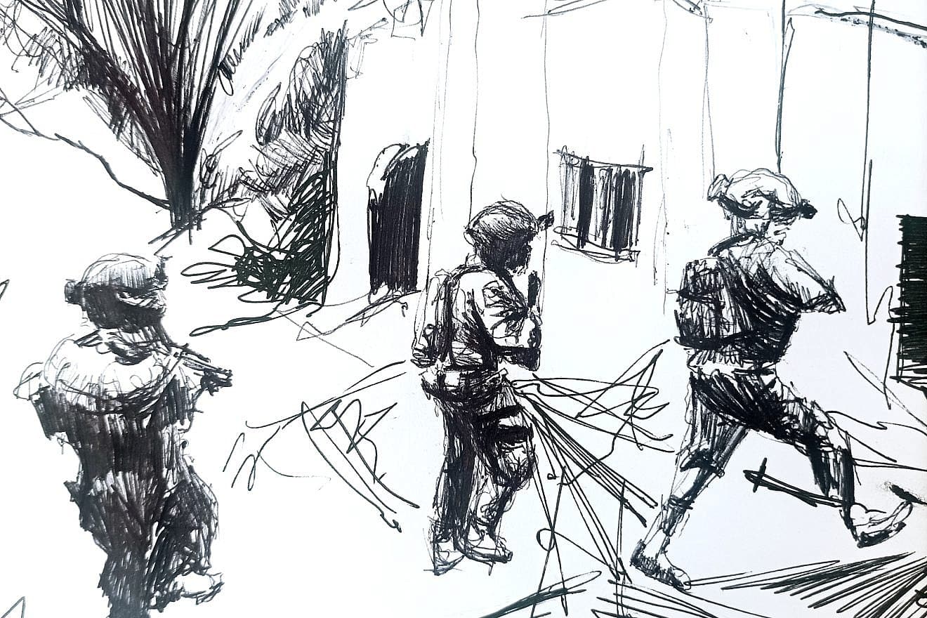 Israeli soldiers entering what may be a booby-trapped house. Sketch by IDF reservist Sam Griffin.