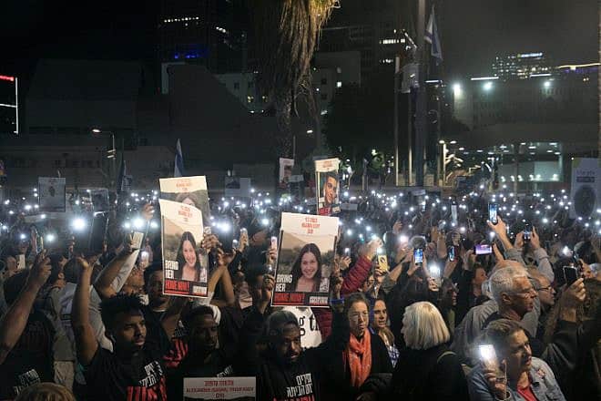 Israelis attend a rally calling for the release of Israelis kidnapped by Hamas terrorists in Gaza at "Hostage Square" in Tel Aviv, Dec. 2, 2023. Photo by Miriam Alster/Flash90.