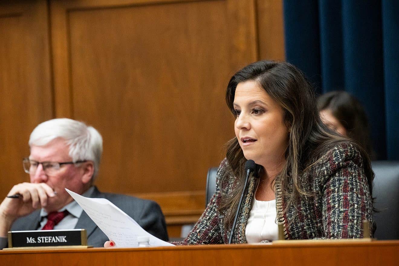 Rep. Elise Stefanik (R-N.Y.) asks a question during a House committee hearing about antisemitism on campus with the presidents of Harvard, Penn and MIT, Dec. 5, 2023. Credit: Courtesy of the office of Rep. Stefanik.
