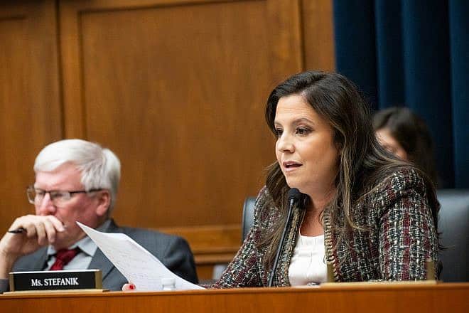 Rep. Elise Stefanik (R-N.Y.) asks a question during a House committee hearing about antisemitism on campus with the presidents of Harvard, Penn and MIT, Dec. 5, 2023. Credit: Courtesy of the office of Rep. Stefanik.