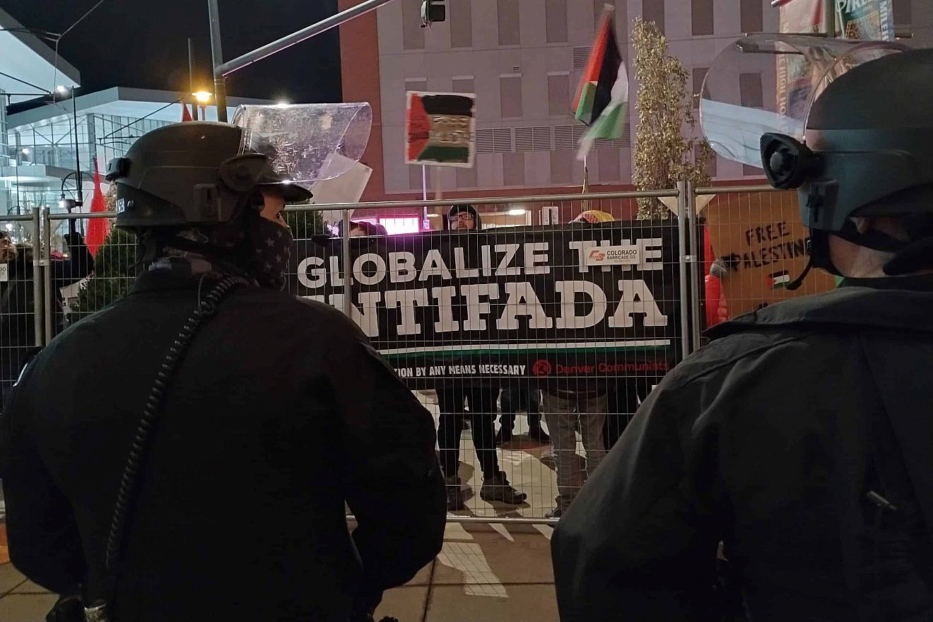 Pro-Palestinian, anti-Israel protesters gather in front of the Colorado Convention Center in Denver, the site of the opening plenary of the Jewish National Fund-USA annual conference, Nov. 30, 2023. Photo by Carin M. Smilk.