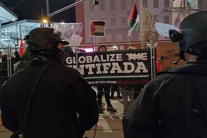 Pro-Palestinian, anti-Israel protesters gather in front of the Colorado Convention Center in Denver, the site of the opening plenary of the Jewish National Fund-USA annual conference, Nov. 30, 2023. Photo by Carin M. Smilk.