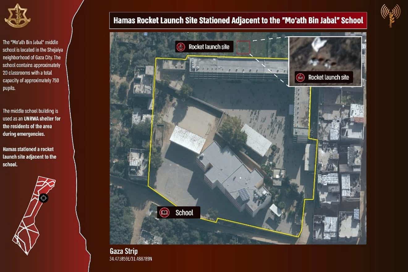 Hamas places rocket-launching sites next to schools in the Gaza Strip. The Mo’ath Bin Jabal middle school educates hundreds of Palestinian children and is also a U.N. shelter for local residents. Image from Dec. 14, 2022. Credit: Courtesy.