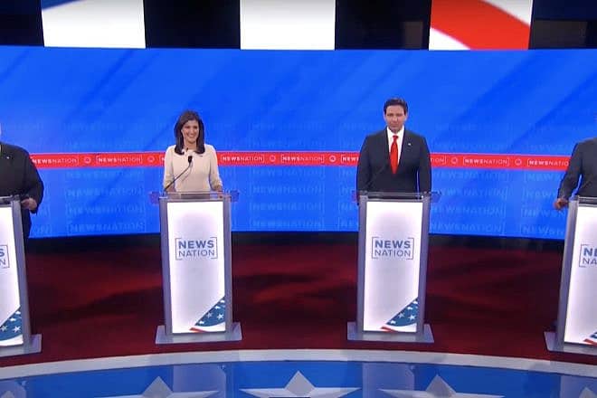 From left: 2024 GOP presidential candidates Chris Christie, Nikki Haley, Ron DeSantis and Vivek Ramaswamy at the fourth Republican primary debate in Tuscaloosa, Ala., on Dec. 7, 2023. Source: YouTube/NewsNation.
