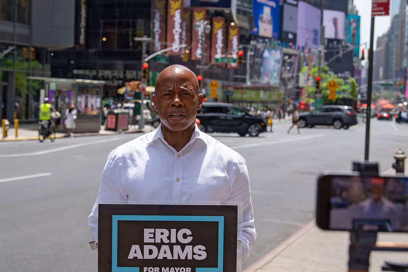 Mayoral candidate Eric Adams refers to a "pandemic of hate," two days after an anti-Israel mob attacked Joseph Borgen near Times Square on May 20, 2021. Credit: Ron Adar/Shutterstock.