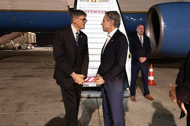 U.S. Secretary of State Antony Blinken (right foreground) is greeted by Jack Lew, U.S. ambassador to Israel, in Tel Aviv on Jan. 9, 2024. Credit: Chuck Kennedy/State Department.
