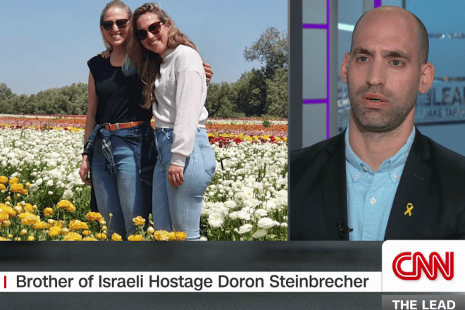 Dor Steinbrecher is interviewed by Jake Tapper on “CNN,” about his sister, 30-year-old Doron Steinbrecher (pictured at left), who is being held captive in the Gaza Strip by Hamas, Source: Screenshot.