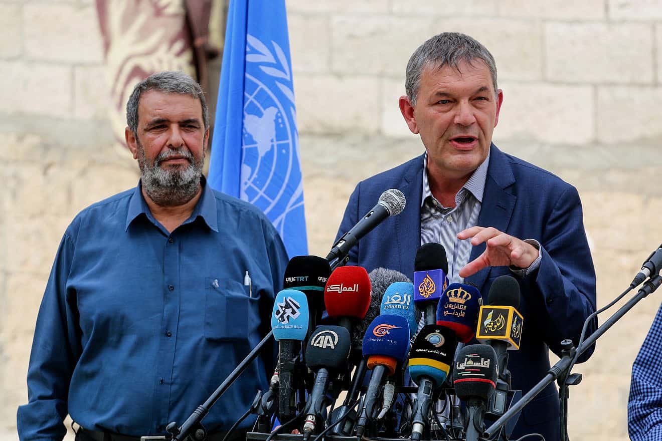 Philippe Lazzarini, commissioner-general of the United Nations Relief and Works Agency for Palestine Refugees in the Near East (UNRWA), during a visit at al-Shati refugee camp in Gaza City on Oct. 12, 2021. Photo by Abed Rahim Khatib/Flash90.