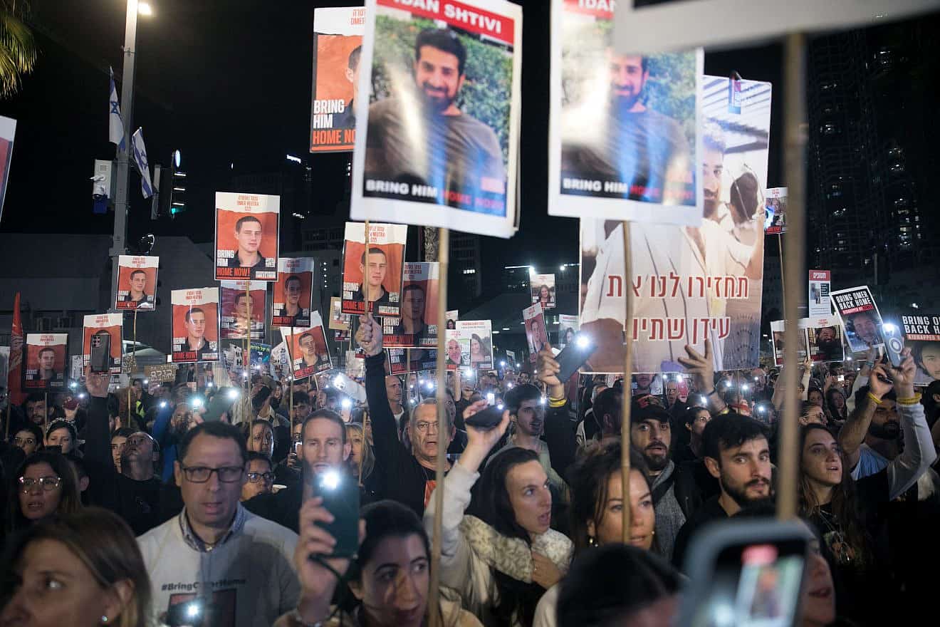 Israelis attend a rally calling for the release of Israelis kidnapped by Hamas terrorists in Gaza, at "Hostage Square" in Tel Aviv, Jan. 6, 2024. Photo by Miriam Alster/Flash90.