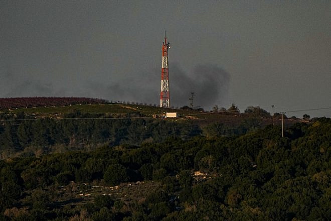Smoke rises during an exchange of fire between the IDF and Hezbollah terrorists on the border between Israel and Lebanon, Jan. 7, 2024. Photo by Ayal Margolin/Flash90.
