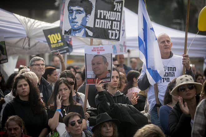 Israelis attend a rally at "Hostage Square" in Tel Aviv, outside of the Tel Aviv Museum of Art, calling for the release of captives held by Hamas terrorists in Gaza, Jan. 14, 2024. Photo by Miriam Alster/Flash90.
