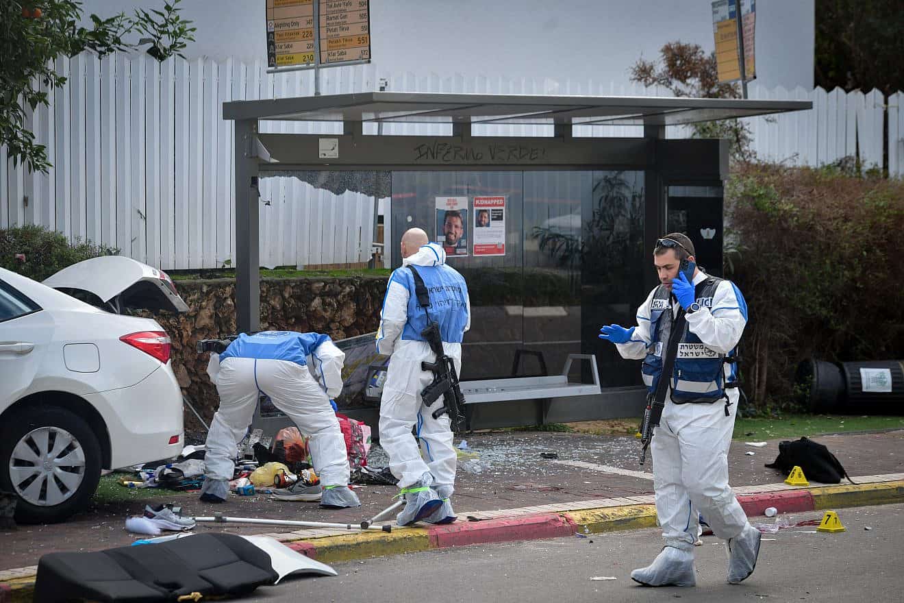 The scene of a terrorist attack in Ra'anana, north of Tel Aviv, Jan. 15, 2024. Photo by Avshalom Sassoni/Flash90.