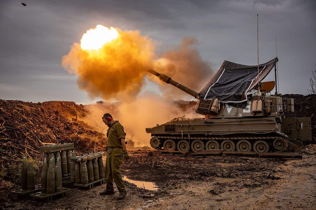 Israeli artillery firing into Lebanon, Jan. 15, 2024. Photo by Yonatan Sindel/Flash90.