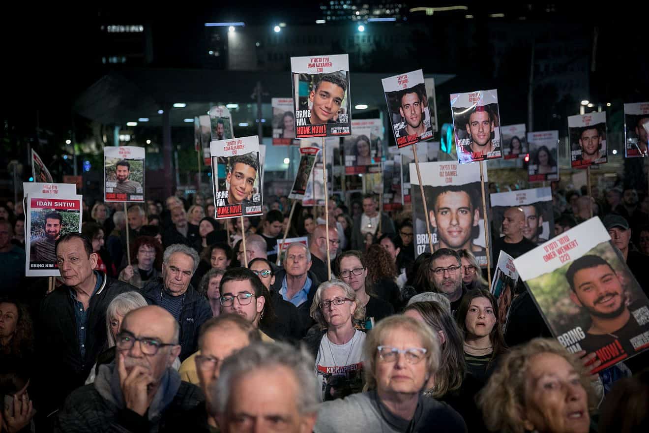 Israelis call for the release of Israelis held by Hamas in Gaza, at "Hostage Square" in Tel Aviv, Jan. 20, 2024. Photo by Miriam Alster/Flash90.