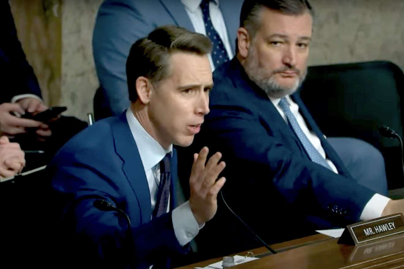 Sen. Josh Hawley (R-Mo.) speaks during a Senate Committee on the Judiciary hearing about Adeel Mangi, nominated for the Third Circuit Court of Appeals, on Jan. 18, 2023. Source: YouTube/Sen. Josh Hawley.