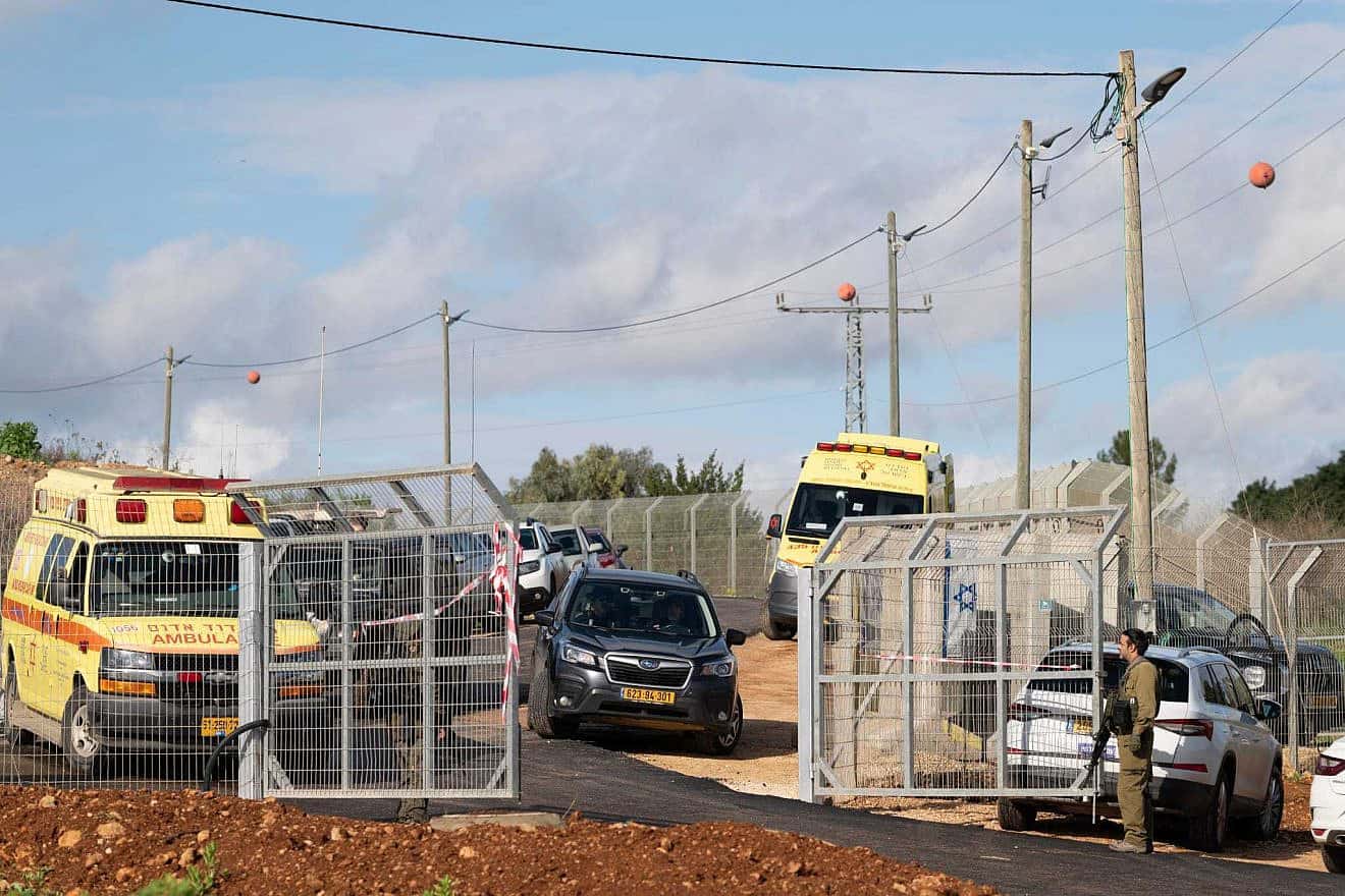 Emergency services at the scene of a Hezbollah anti-tank missile strike in Yuval in northern Israel, Jan. 14, 2024. Photo by Erez Ben-Simon/TPS.