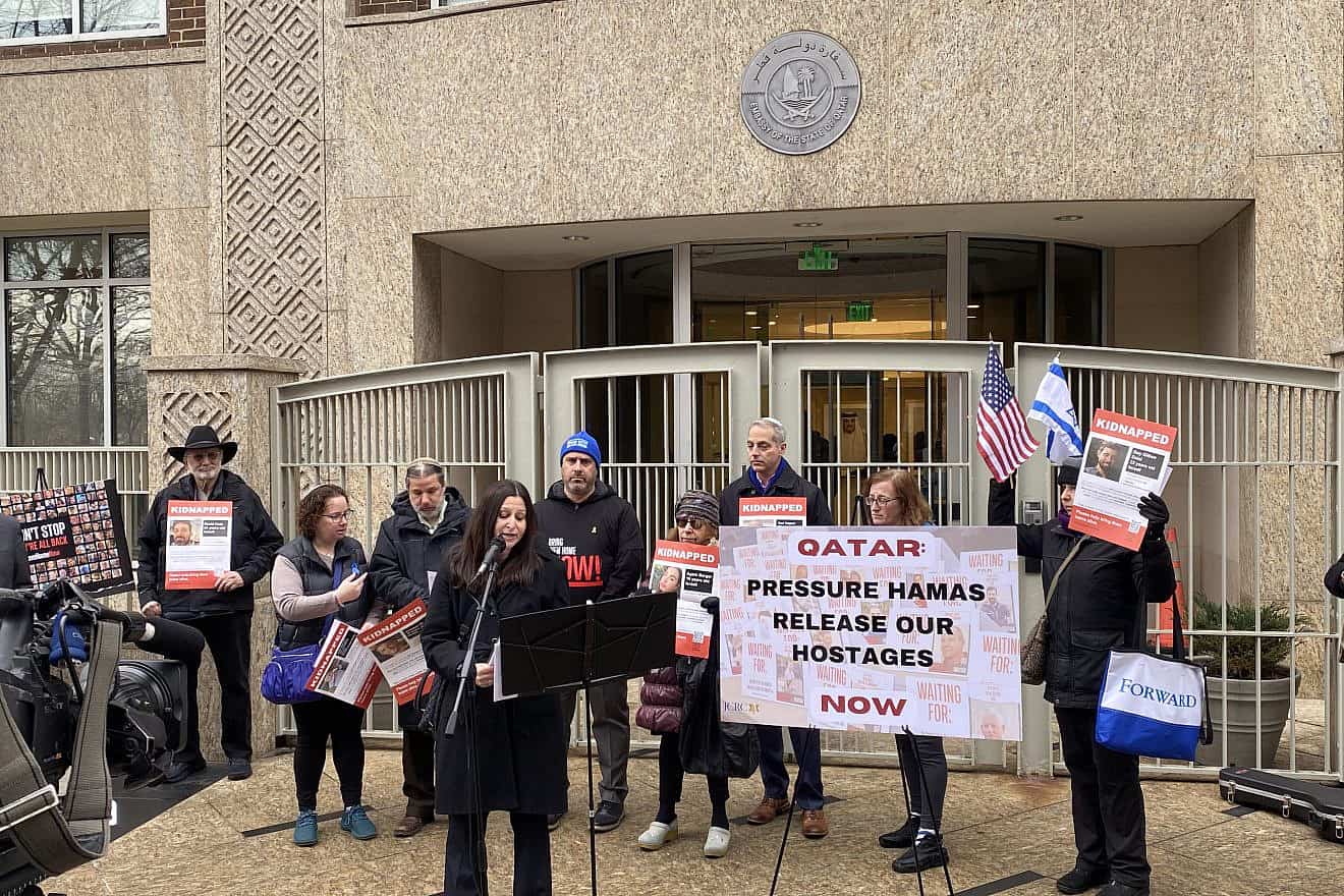 Rabbis and faith leaders at a gathering outside the Qatari Embassy in Washington, D.C., on Jan. 24, 2024. Photo by Andrew Bernard.