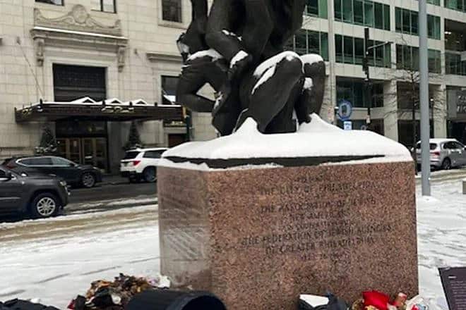 Trash seen strewn about the base of the Philadelphia Holocaust Remembrance Foundation in Philadelphia on Jan. 16, 2023. Credit: Philadelphia Holocaust Remembrance Foundation.