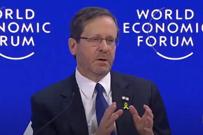 Israeli President Isaac Herzog during an interview at the World Economic Forum in Davos, Switzerland, on Jan. 18, 2024. Source: YouTube screenshot.