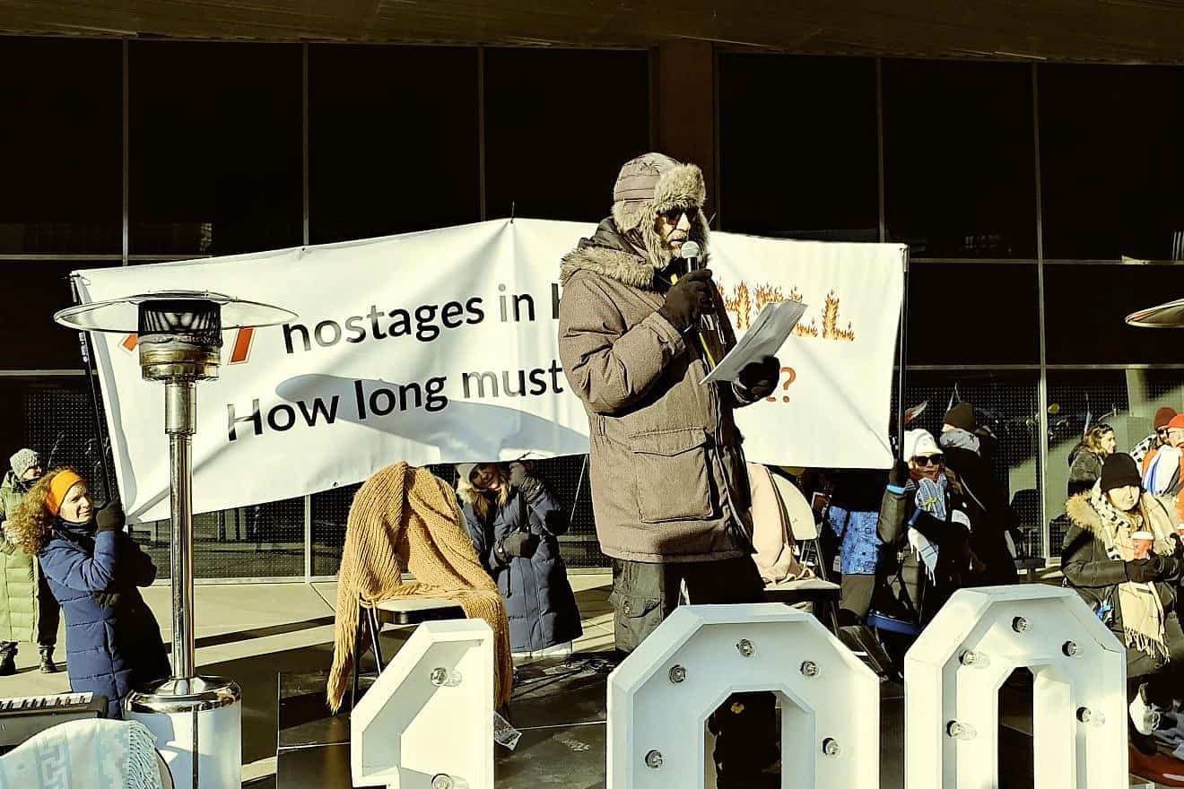 Avi Attali and his son, Dean Attali, helped organize a rally in Toronto, Canada, to advocate for the release of hostages kidnapped from Israel on Oct. 7 and taken by Hamas terrorists to the Gaza Strip, Jan. 14, 2024, Photo by Dave Gordon.